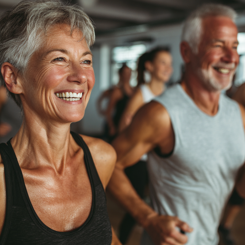 Active middle-aged adults enjoying fitness training session